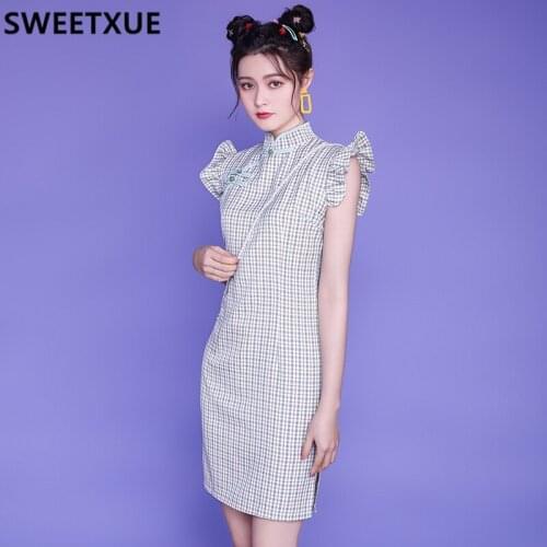 SWEETXUE Women Lotus Leaf Sleeve Cheongsam Female Retro Young Girl Sweet Chinese Style Sub-Dress Daily Comfortable