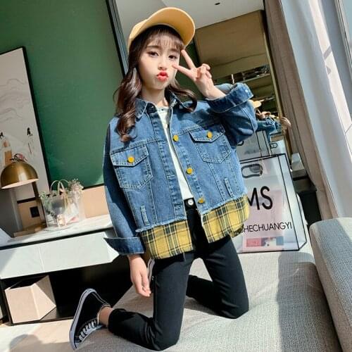 Girls Denim Jacket Blue Loose Yellow Plaid Patchwork Jean Jackets Ladies Tops 2021 New Fashion Button Casual Solid Autumn Coats
