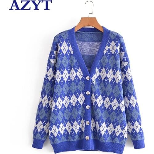 AZYT 2021 Autumn V Neck Women Sweater Cardigan Fashion Argyle Long Sleeve Knitted Cardigan Female Casual Sweater Womens Jacket