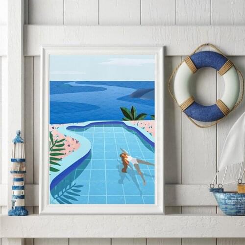 Girl at Pool Abstract Art Illustration Prints Nordic Poster Summer Swimming Pool Canvas Painting Wall Picture Home Room Decor