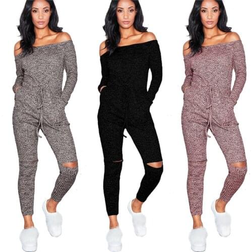 Knitted Jumpsuits for Women Sexy Autumn New Arrival High Street Casual Long Sleeve Slash-Neck Off Shoulder Jumpsuit Rompers