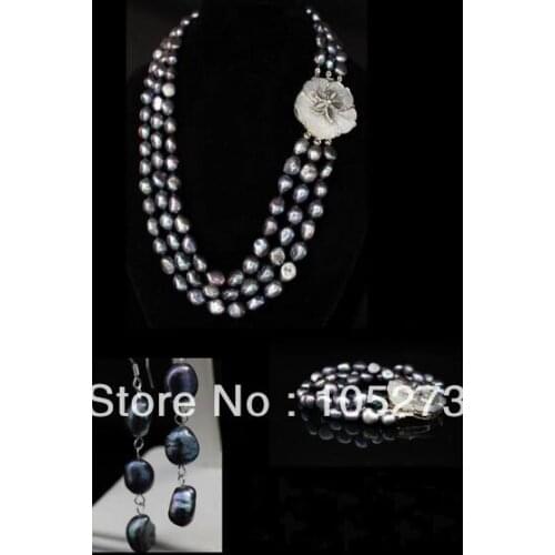 New Arriver Pearl Jewelry Set Natural 11-12MM Grey Black Rich Baroque Shaper Natural Freshwater Pearl Necklace Bracelet Earrings