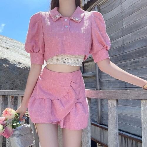 Summer Thin Style 2 Two Piece Set Women Skirt Korean Fashion Short Sleeve Crop Top + Sexy Mini Skirt Suits Kawaii Cute Outfits