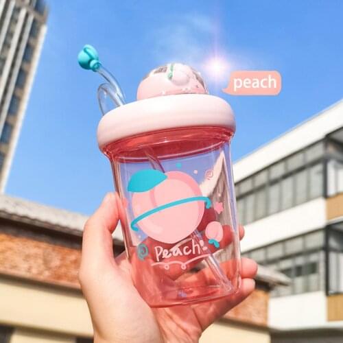 Cartoon Water bottle Cute Fruit Fun Micro-landscape Turn Cup with Straw Hygienic Straw Lid Creative Student Couple Plastic Cup