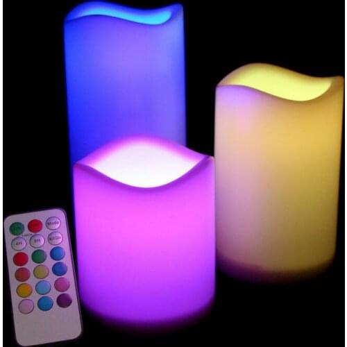 Ivory set of 3 remote controlled LED Candle Pillar lamp 18keys controller Timer function Wedding Home Bar party Decor-Multicolor