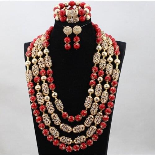 Luxury 4 Layers Red and Gold Dubai Wedding Jewelry Sets Red African Beads Jewelry Set for Women WD910