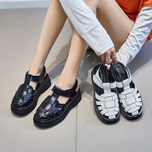 New Fashion Gladiator Sandals Platform Women Cow Leather Woven Design T-Strap Women Shoes Wedges Retro Summer Ladies Sandals
