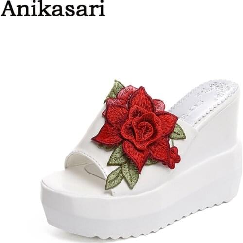 Womens Sandals Super 12 cm High Heel Slides Women Patent Leather Wedges Slippers Platforms Shoes Woman Printing Sandal 2018