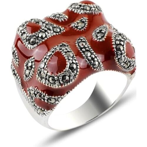 Silver 925 Sterling Enamel & Marcasite Ring