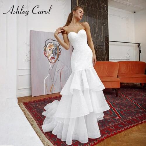 Ashley Carol Mermaid Wedding Dress 2021 Shiny Beaded Ruffles Tiered Sweetheart Sleeveles Romantic Bride Dresses Vestido De Noiva