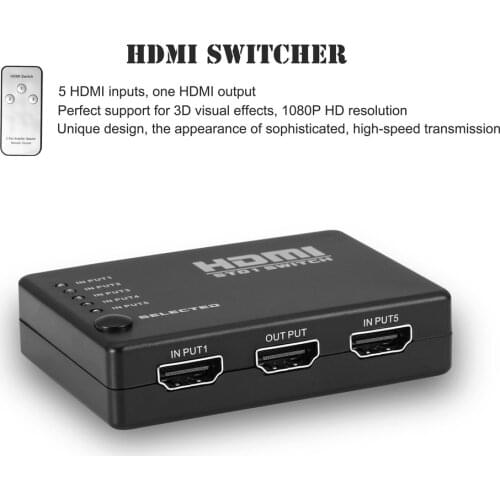 5 in 1 Out Video HDMI-compatible Switch Selector with CR2025 Battery Switcher Splitter Hub & IR Remote 1080P for HDTV PS3 DVD