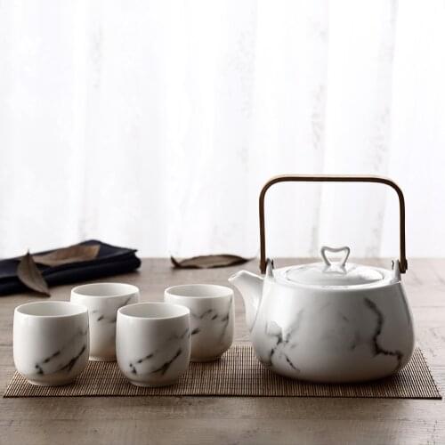 Japanese Classic Marble Ceramic Tea Set with Flower Pattern,Teapot & 4 Teacups