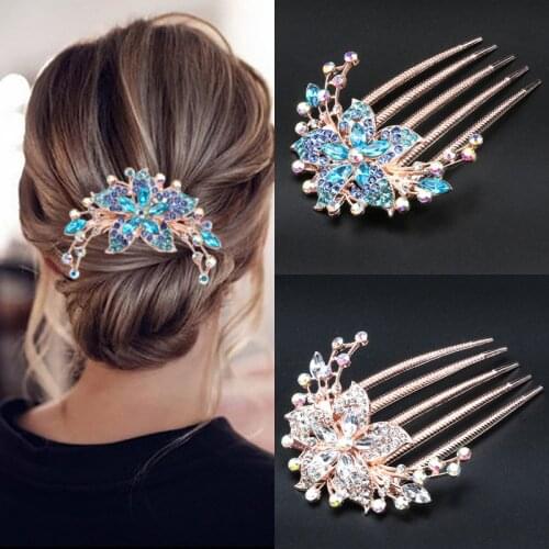Japanese and Korean metal hair comb temperament rhinestone flower insert comb ball head five-tooth hairpin adult hair accessorie