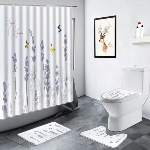 Purple Lavender Flowers Shower Curtains Butterfly Simple Floral Plant Green Leaves Bathroom Decor Non-slip Carpet Bath Mats Set