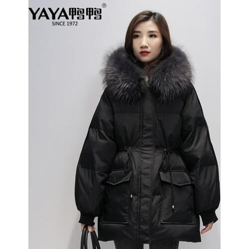 YAYA 2021 Womens Winter White Duck Down Jacket Thick Real Fur Collar Medium length Warm Overcoat Hood Windbreak Outerwear