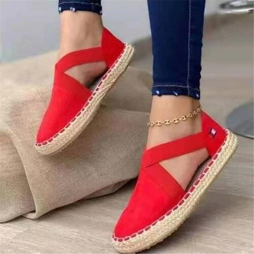 New Summer Flats Cross Sandals For Women Hemp Rope Bottom Espadrilles Slip On Canvas Fisherman Shoes Plus 35-43 Black Red Blue