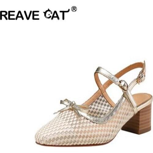 REAVE CAT 2021 Hot Sale Genuine Leather Mesh Women Pumps Bow Square Toe Buckle Strap Hollow Out Summer Casual Party Shoes 41