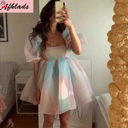 Rainbow Gradient Ball Gown Puff Short Sleeve Fairy Women Dress Summer New Square Collar Fashion High Quality Mesh Vestidos