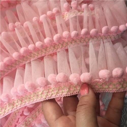 5Yards Pleated Pompom Ball Lace Trim Doll Bubble Skirt Mesh Lace Ribbon Wedding Decortion Ruffle Curtain Collar Accessories