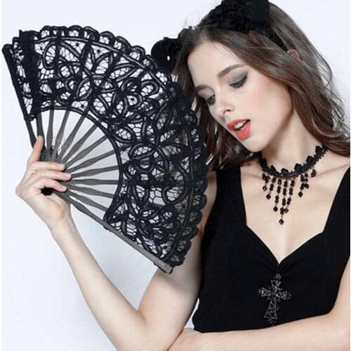 1PC Party Wedding Prom Bamboo Fans Chinese Style Folding Dance Fans Lace Fabric Silk Embroidery Hand Held Women Girl Photo Prop