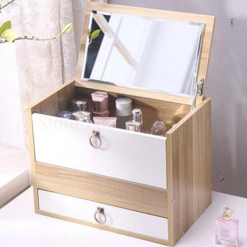 Large Wooden Cosmetics Receipt Box Desktop With Mirror Drawer Type Shelf Dressing Table Cosmetics Box Household