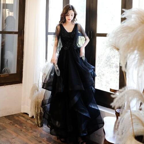 Black Evening Dress Beads Lace Short Sleeves Deep V-Neck Ruched A-Line New Floor-Length Elegant Woman Formal Party Gowns A838