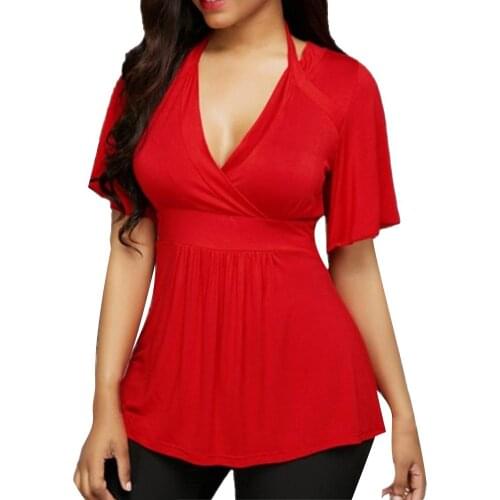 Hot Sexy Summer Women T Shirt Plus Size tshirt Solid Color V-neck Halter Short Sleeve 2021 Office Women T-Shirt Рубашка