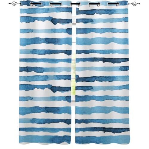 Geometric Lines Retro Blue Watercolor Window Curtains Home Decor Living Room Curtains Kitchen Drapes Panel Curtains for Bedroom