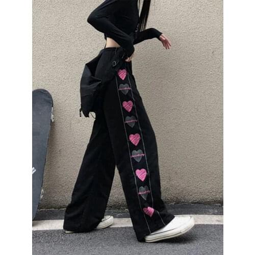 2021 Black Korean Heart Print Pants Cute Girl Harajuku Trousers Female Streetwear Summer Autumn Fashion Gothic Sweatpants Women