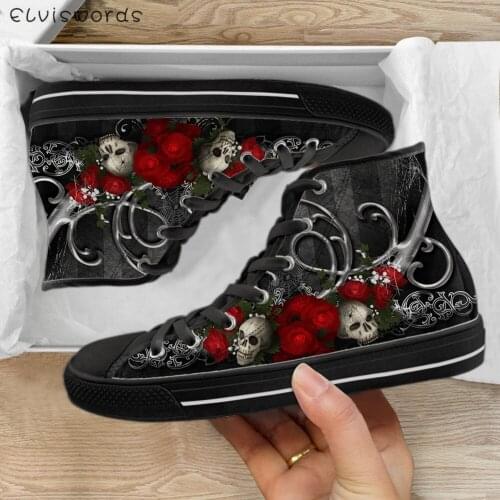 ELVISWORDS 3D Sugar Skull Rose Print Men Boys Vulcanize Shoes Classic High Top Canvas Shoes Male Lace Up Sneakers Footwear Mujer