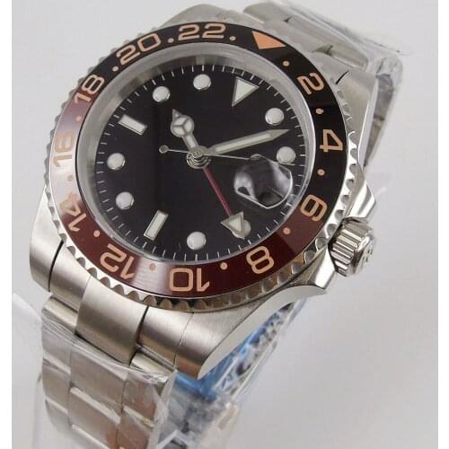 40mm Sapphire Glass Automatic Mens Watch Black Dial oyster Strap GMT Date Indicator Watch Case Wristwatch