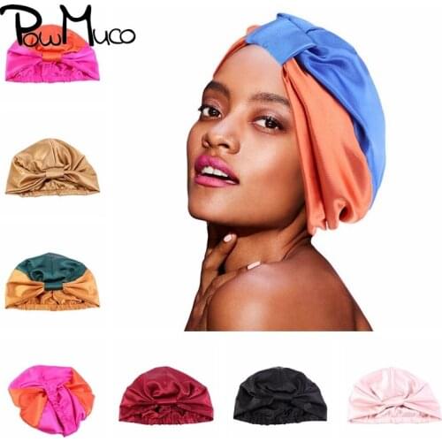 Powmuco Imitated Silky Nightcap Double Layer Care Hair Bonnet for Sleeping Women Knotted Turban Chemo Cap Lady Hair Accessories