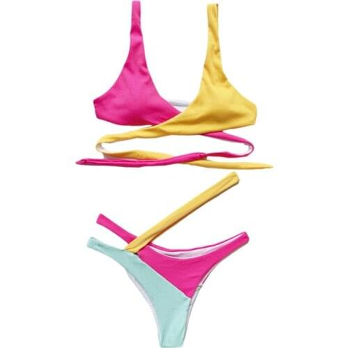 Quanss New 2021 Cross Bandage Bikini Set Women Color Patchwork Swimwear Summer Tanga 2 Piece Swimsuit Sexy Biquini Baathing Suit