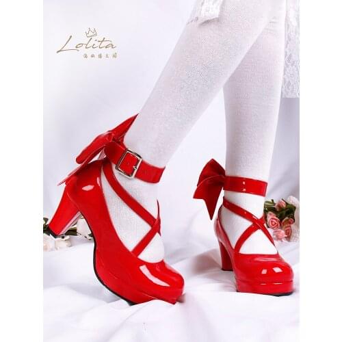 New Customized Japanese Lolita Shoes Round Toe Cross Strap High Heels Patent Leather Shallow Bow 7CM Thick Heels