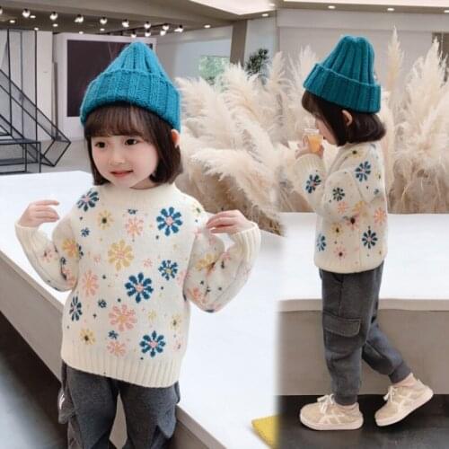 New Knitting Spring Winter Pullover Round Neck Sweater Girls Kids Childrens Warm Thicken Plus Velvet Floral Printing Clothing