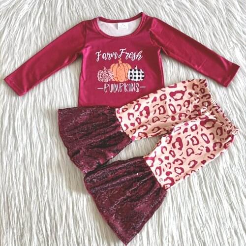 New arrival kids long sleeve clothing set fashion halloween bell pants outfit girl pumpkin patter 2 pieces set