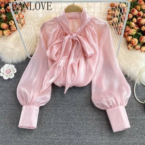 OCEANLOVE Bandage Bow Blouses Transparent Solid V Neck Korean Fashion Blusa Feminina Autumn Puff Sleeve Women Tops Vintage
