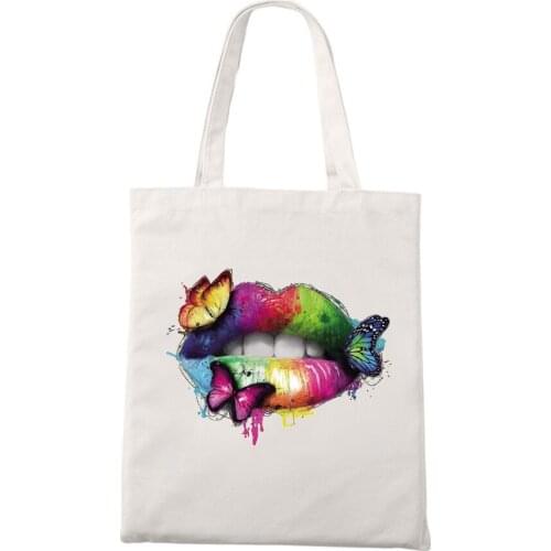 Rainbow Lips Butterfly Print Simple Handbag Women Canvas Shoulder Bag Tote Large Capacity Shopping Bag Cute White Bags For Girls