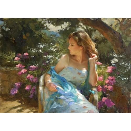 Hand made famous artists a elegant lady beautiful woman in the garden dree a blue skirt oil painting