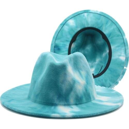 Fedoras hats for women men caps wide brim Tie dye winter women hat panama for man fascinator multicolor blue white felted hats