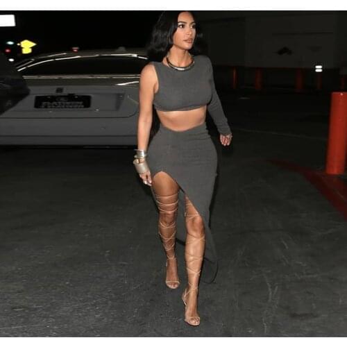 Sexy Two Piece Set Women Party Clubwear High Slit Long Skirt and Top Elegant Gray Knitted Bodycon Dress Sets