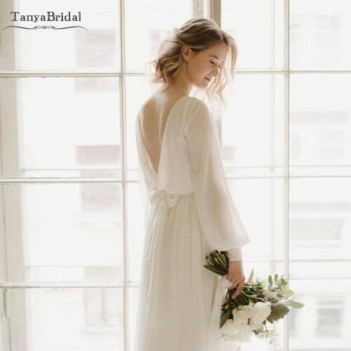 Loose style chiffon wedding dress Long sleeve A line floor length simple beach bridal gowns DW296