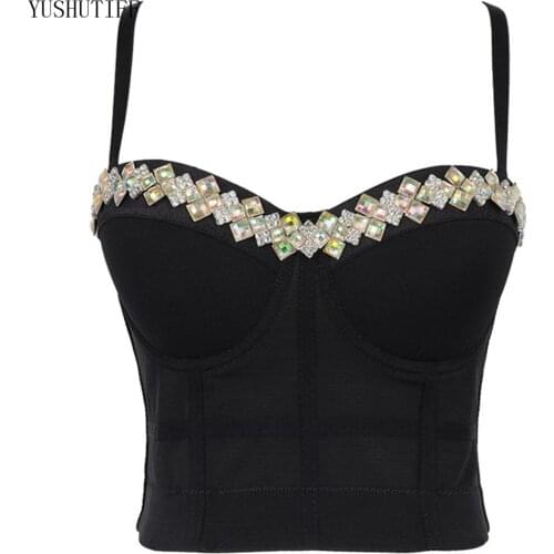 2021 Spring Cami Top With Built In Bra Push Up Bralette Crop Tops Rhinestone Shining Nightclub Show Spaghetti Strap Tank Top
