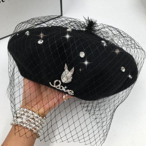 Spring and autumn period diamond net new wool yarn letters Hat beret for women female painter