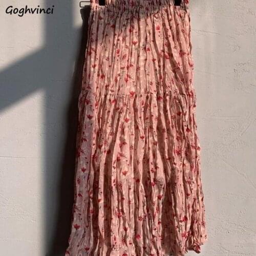 Skirts Women Pink Floral Ankle-length A-line Korean Style High Street Chic Stylish Loose Bright Breathable Vintage Students Lady