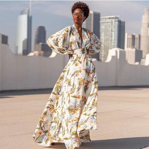 Vintage Bohemia Maxi Long Printed flowers Dress Women Lantern Sleeve Elegant Bandage Dress 2021 V Neck Floor-Length Dress BC175
