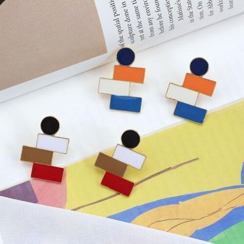 6p Simple New Design Geometric Earrings Round Rectangular Multicolor Stitching Contrast Color Stud Earrings Jewelry Accessories