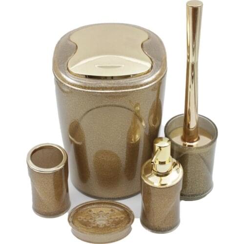 Acrylic Chromed 5 Piece Gold Color Silvery Bathroom Set Bucket Garbage Box 5'li suit Tooth Brush Holder Soap Dispenser Toilet Brush Pamukluk