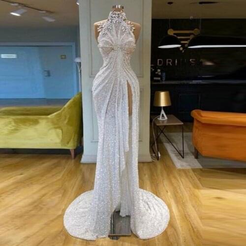 Beige Evening Dress Abendkleider Applique Saudi Arabic Sequin Prom Dresses Long Formal Gowns Sleeveless Vestidos de gala