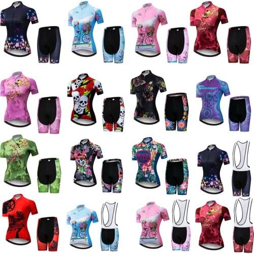 Quick Dry Bicycle Summer Cycling Sets 100% Polyester Quick-Dry Cycling Jerseys Highly Breathable Pad Bib Pants Women Flower
